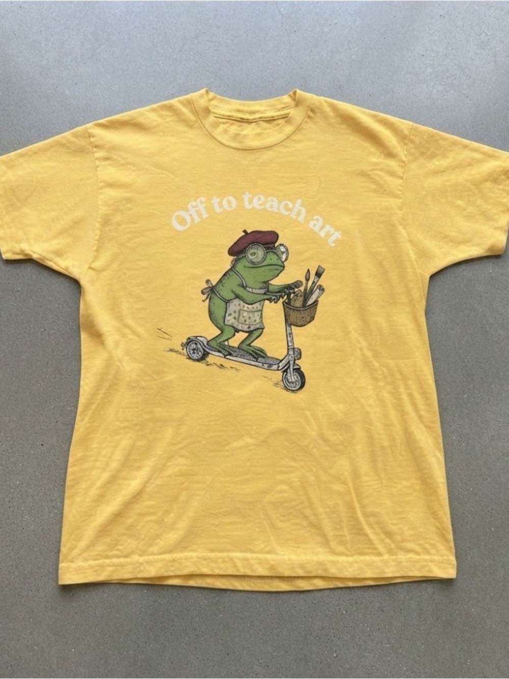 Frog Art Teacher Scooter Graphic Tee Yellow Gildan T-Shirt